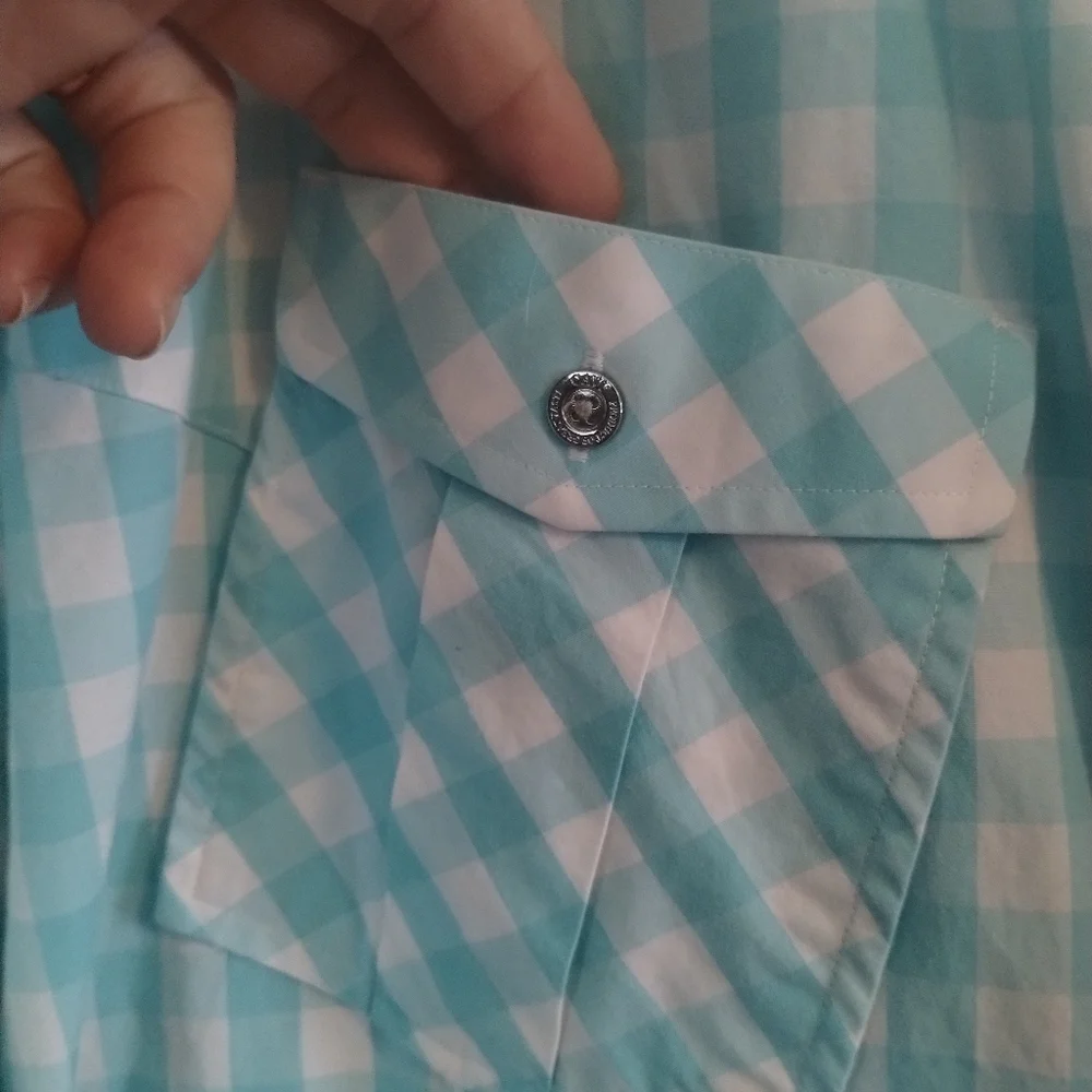 Men's CAVI Short Sleeves Button Up Aqua White Gingham Collar Shirt 4x Big Tall - Picture 3 of 7